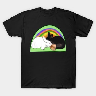 Cute bunny rabbit family, mama, papa and baby, albino, black and ginger bunnies with a rainbow tie die background T-Shirt